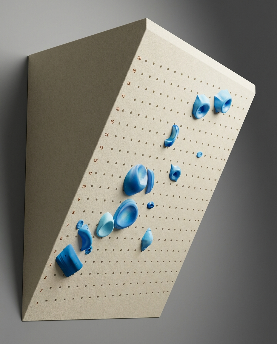 Blue holds on overhanging pegboard wall