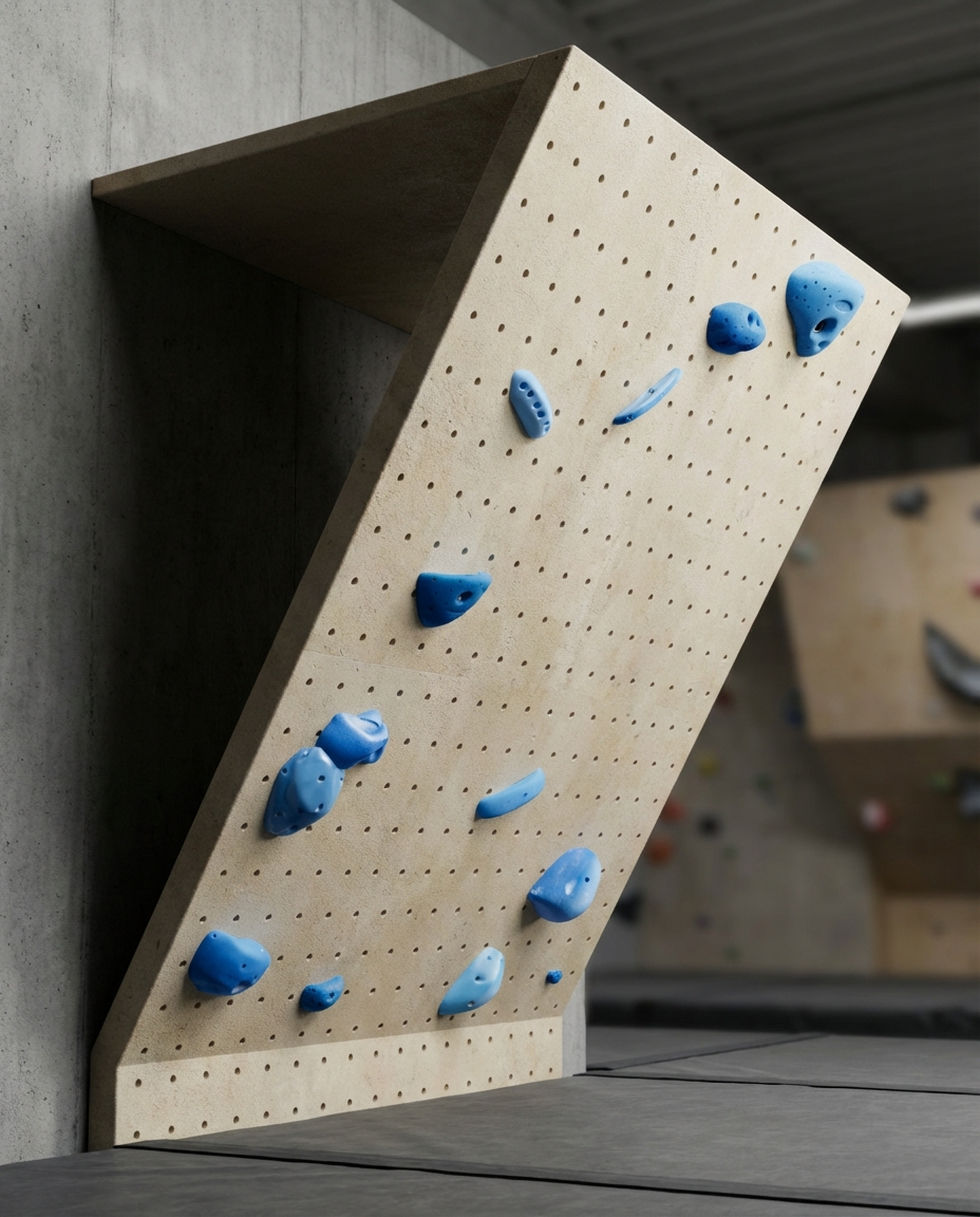 Blue holds on steep overhang wall